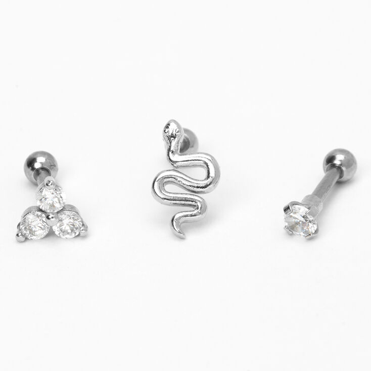 Silver-tone 16G Embellished Snake Cartilage Earrings - 3 Pack,