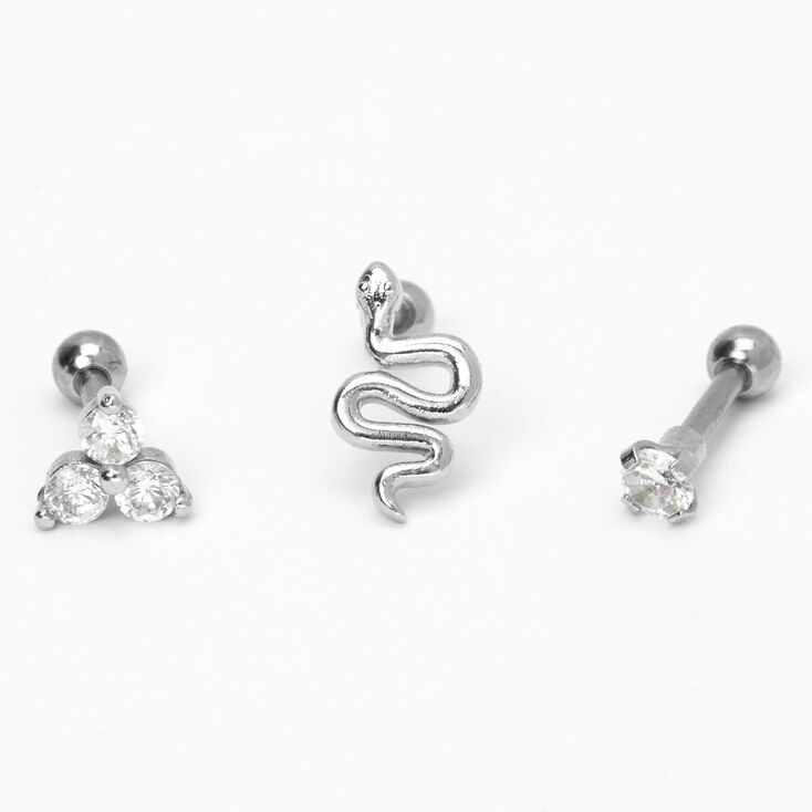 Boucles d&#39;oreilles pour piercing de cartilage serpent d&eacute;cor&eacute;es 1,2&nbsp;mm couleur argent&eacute;e - Lot de 3,