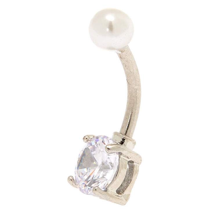 Silver-tone Stainless Steel Pearl Top 14G Belly Bar,