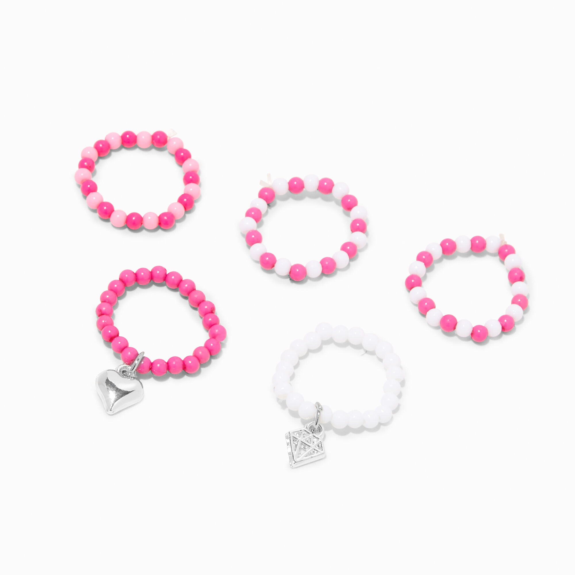View Claires Club Heart Beaded Stretch Rings 5 Pack Pink information