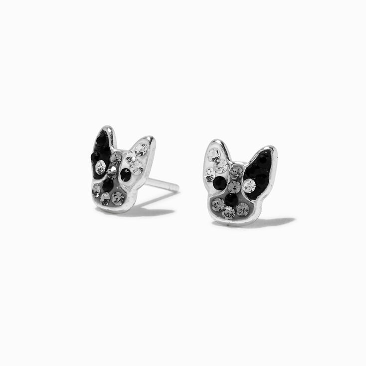 Clous d&#39;oreilles bouledogue fran&ccedil;ais strass couleur argent&eacute;e,