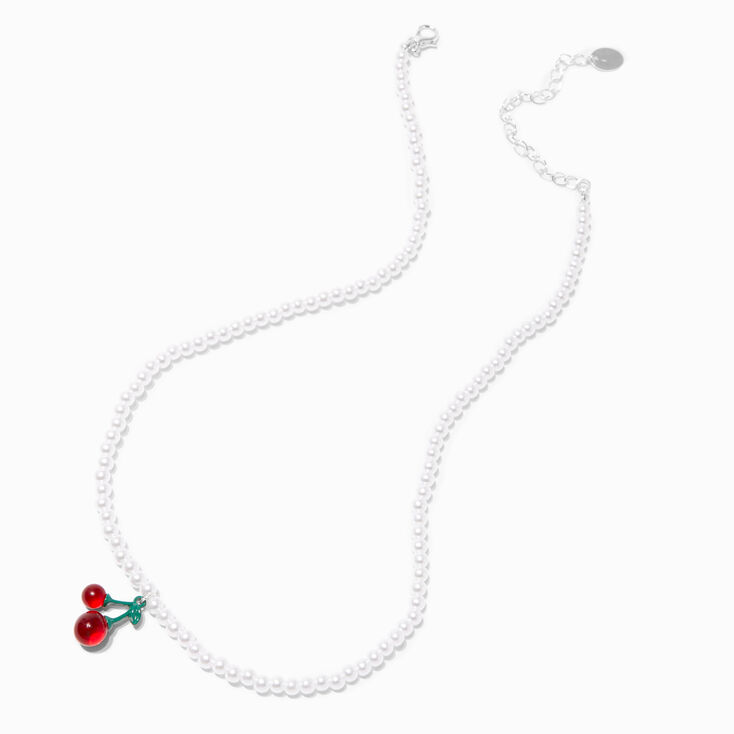 Collier &agrave; pendentif perle d&#39;imitation blanche et cerise,
