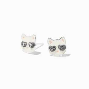 Sterling Silver Glitter Cat Stud Earrings,
