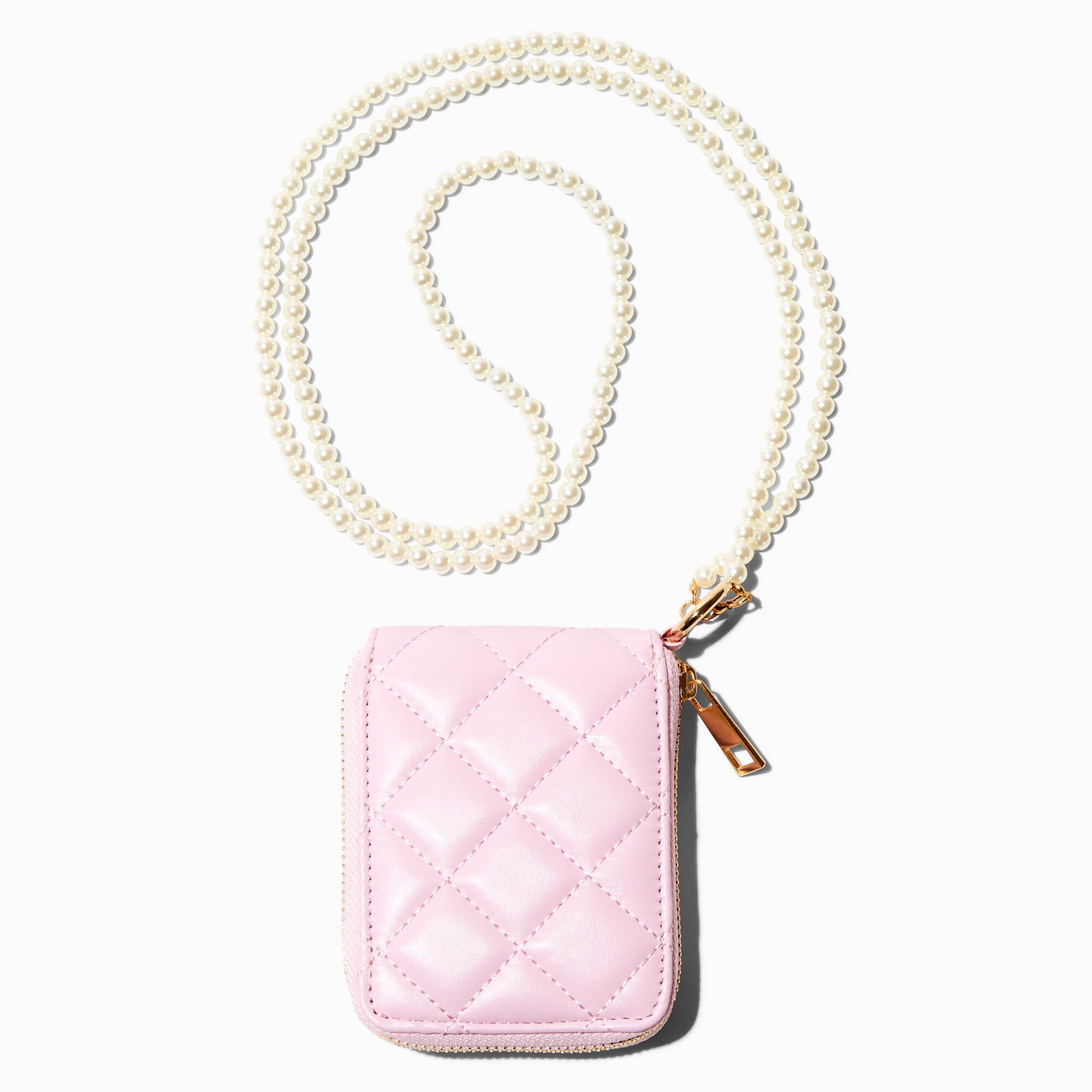 View Claires Quilted Wallet With Pearl Lanyard Pink information