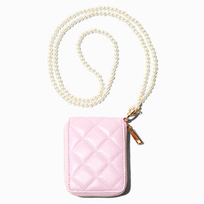 Pink Quilted Wallet with Pearl Lanyard,