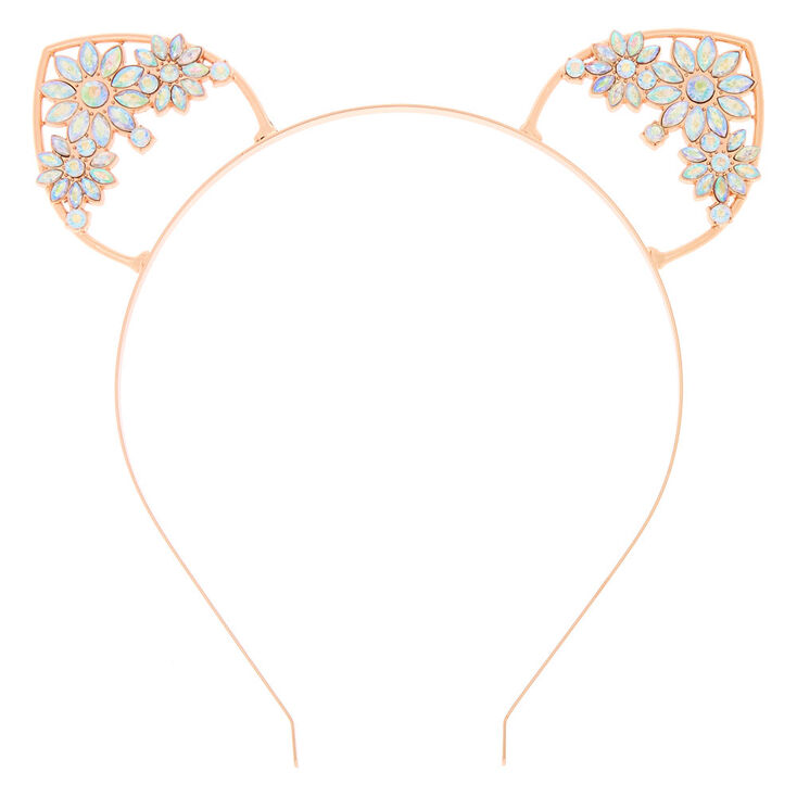 Rose Gold Floral Gem Cat Ears Headband,