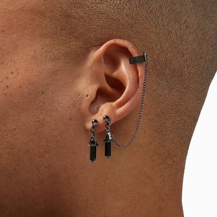 Hematite Black Mystical Gem Cuff Connector Drop Earrings,