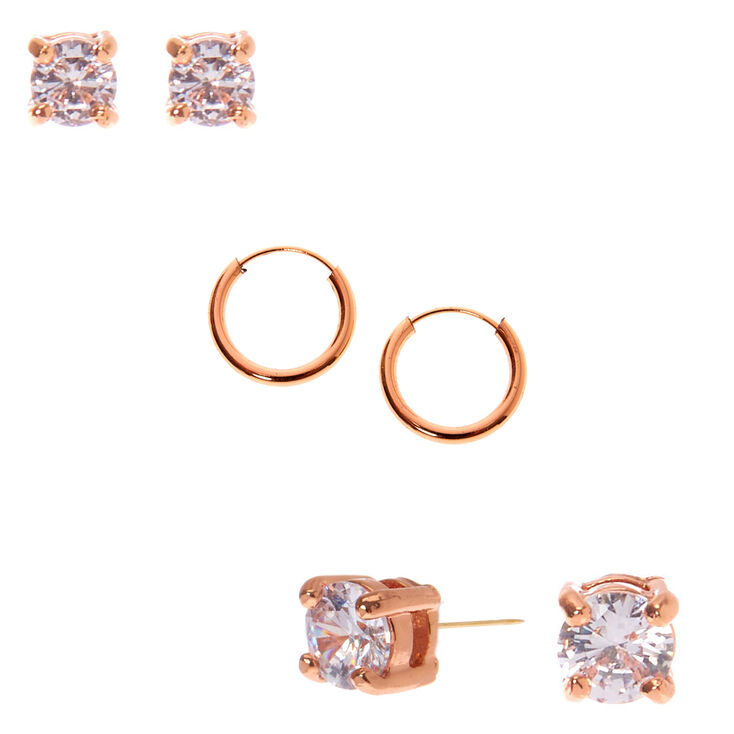 18kt Rose Gold Plated Cubic Zirconia Stud &amp; Hoop Earring Set - 3 Pack,