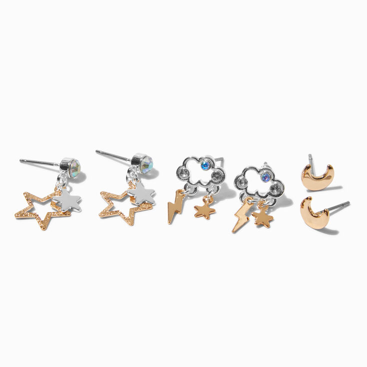 Mixed Metal Celestial Earring Set - 3 Pack ,