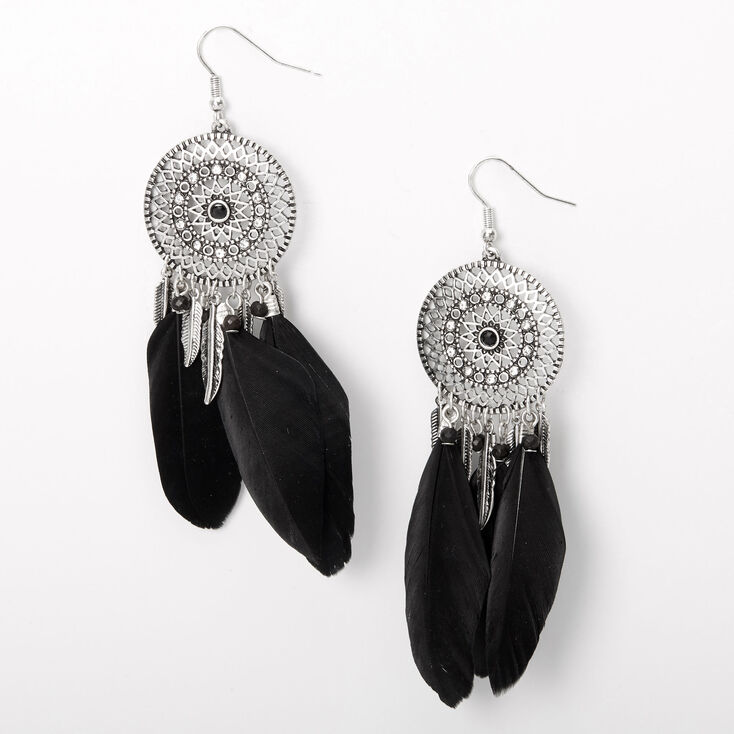 Silver 3.5&quot; Medallion Feather Drop Earrings - Black,