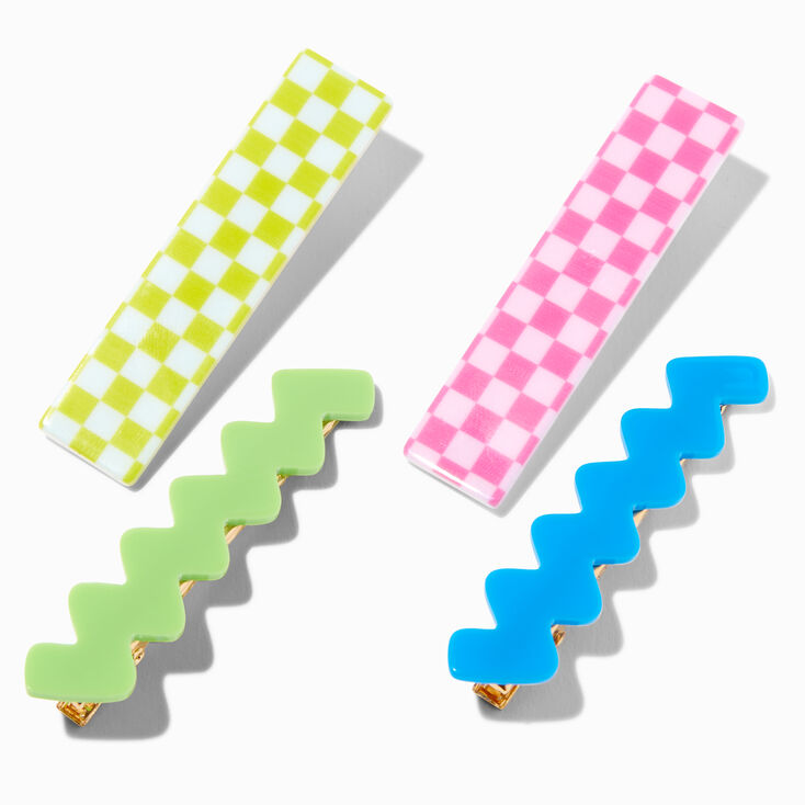 Chunky Checkered &amp; Zig Zag Barrettes - 4 Pack,