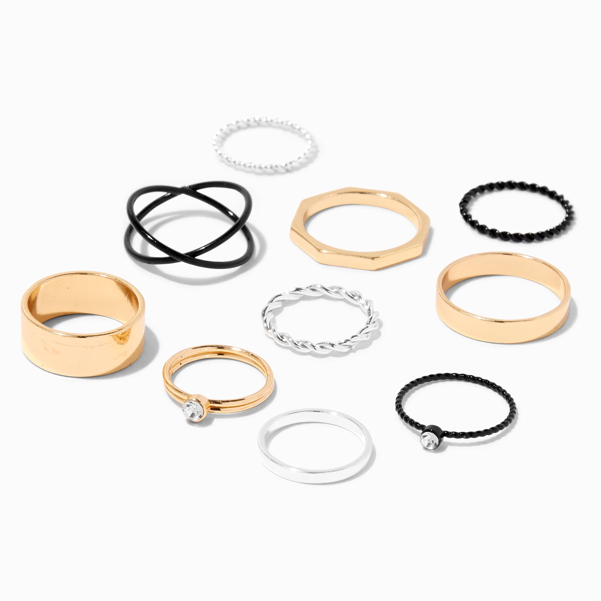 View Claires Mixed Metal Geometric Crystal Rings 10 Pack information