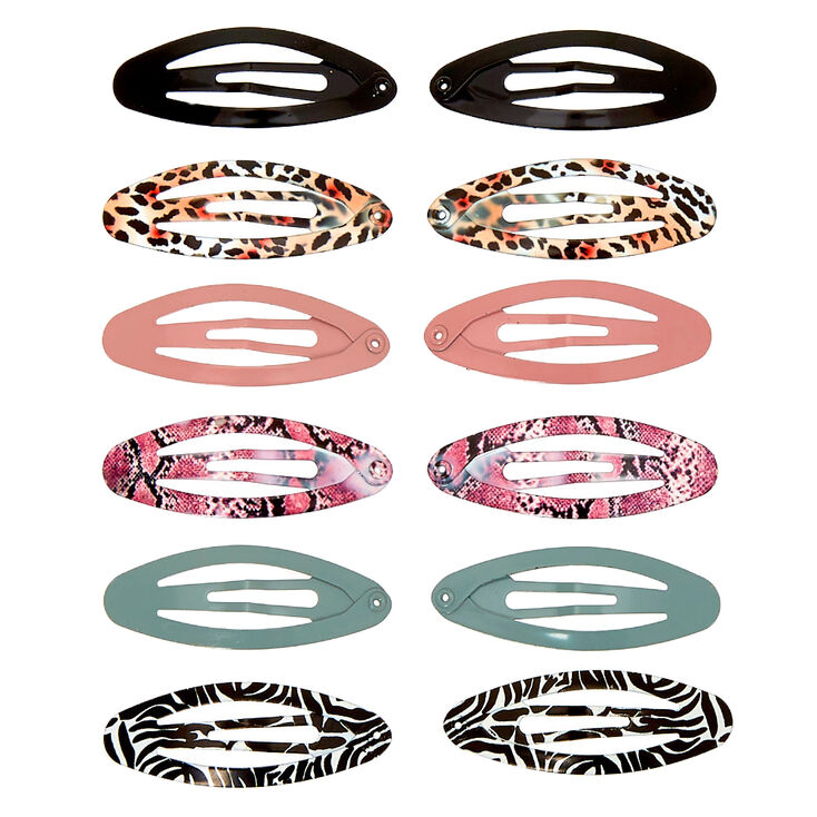 Solid Animal Print Oval Snap Hair Clips - 12 Pack,