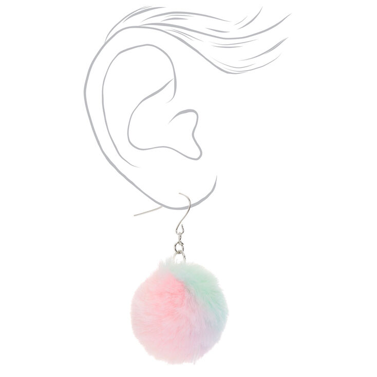 Silver 2&quot; Pastel Tie Dye Pom Pom Drop Earrings,