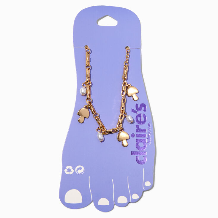 Gold Mushroom White Beaded Charm Chain Anklet,