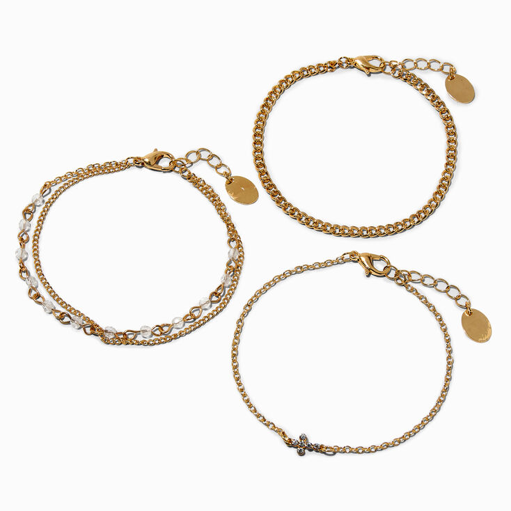 Gold-tone Crystal Cross Bracelet Set - 3 Pack,