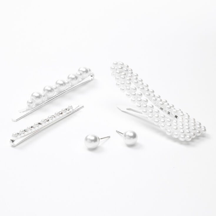 Claire's Barrettes et clous d’oreilles avec perles d'imitation couleur argentée - Lot de 4