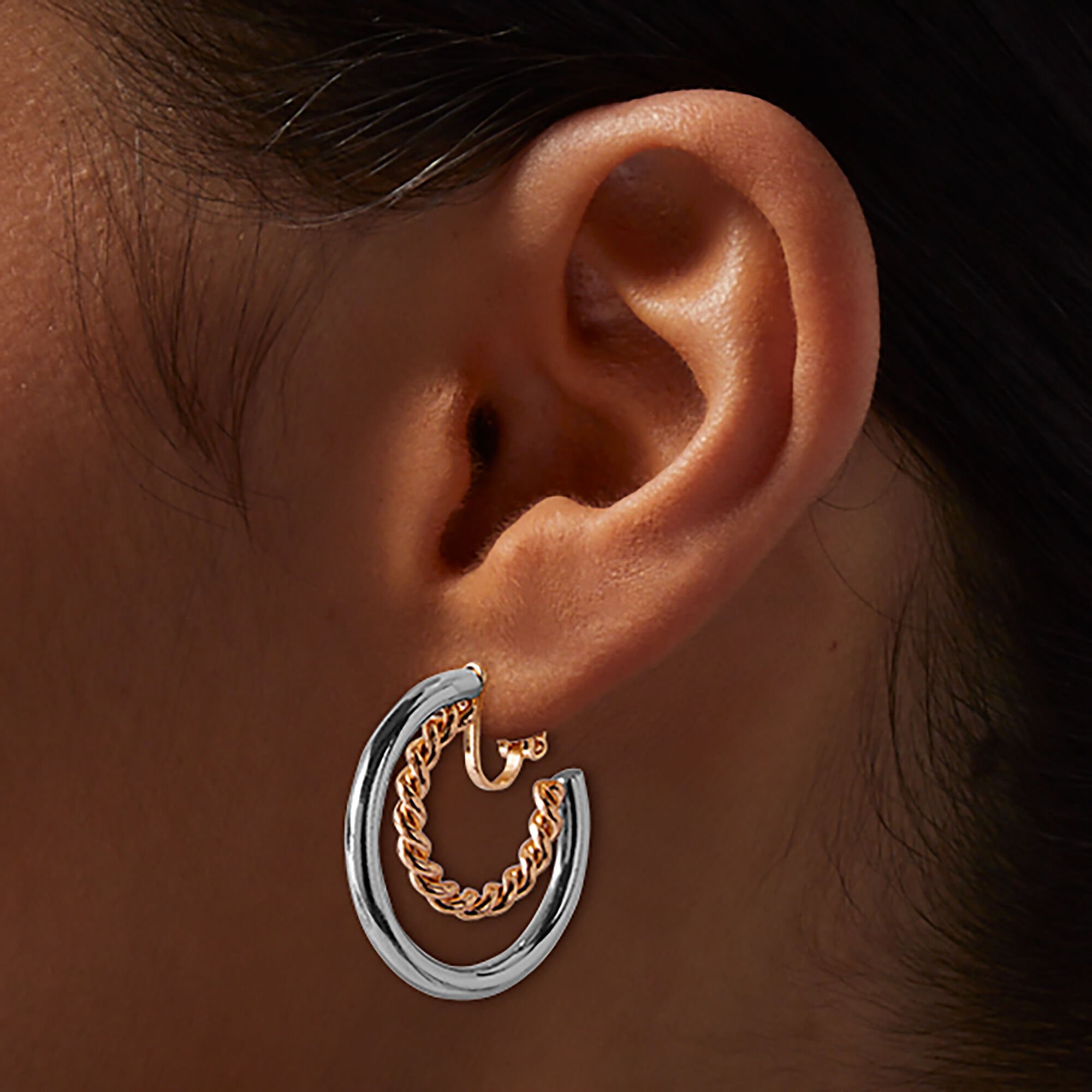 Mixed Metal 15mm Double Clip-On Hoop Earrings,
