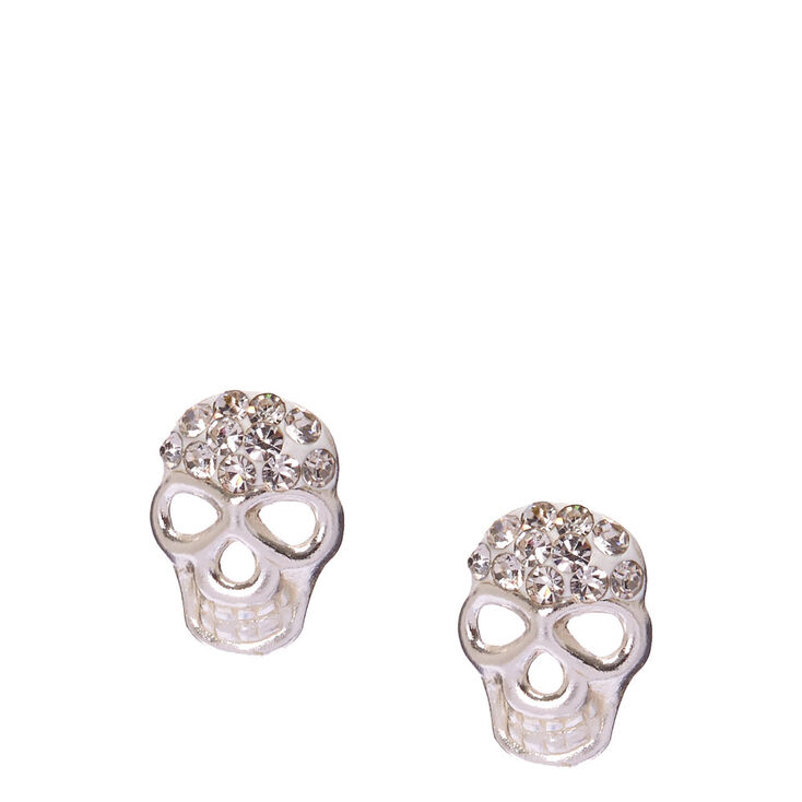 Sterling Silver Crystal Skull Stud Earrings,