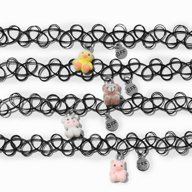 Best Friends Flocked Animals Black Tattoo Choker Necklaces - 4 Pack,