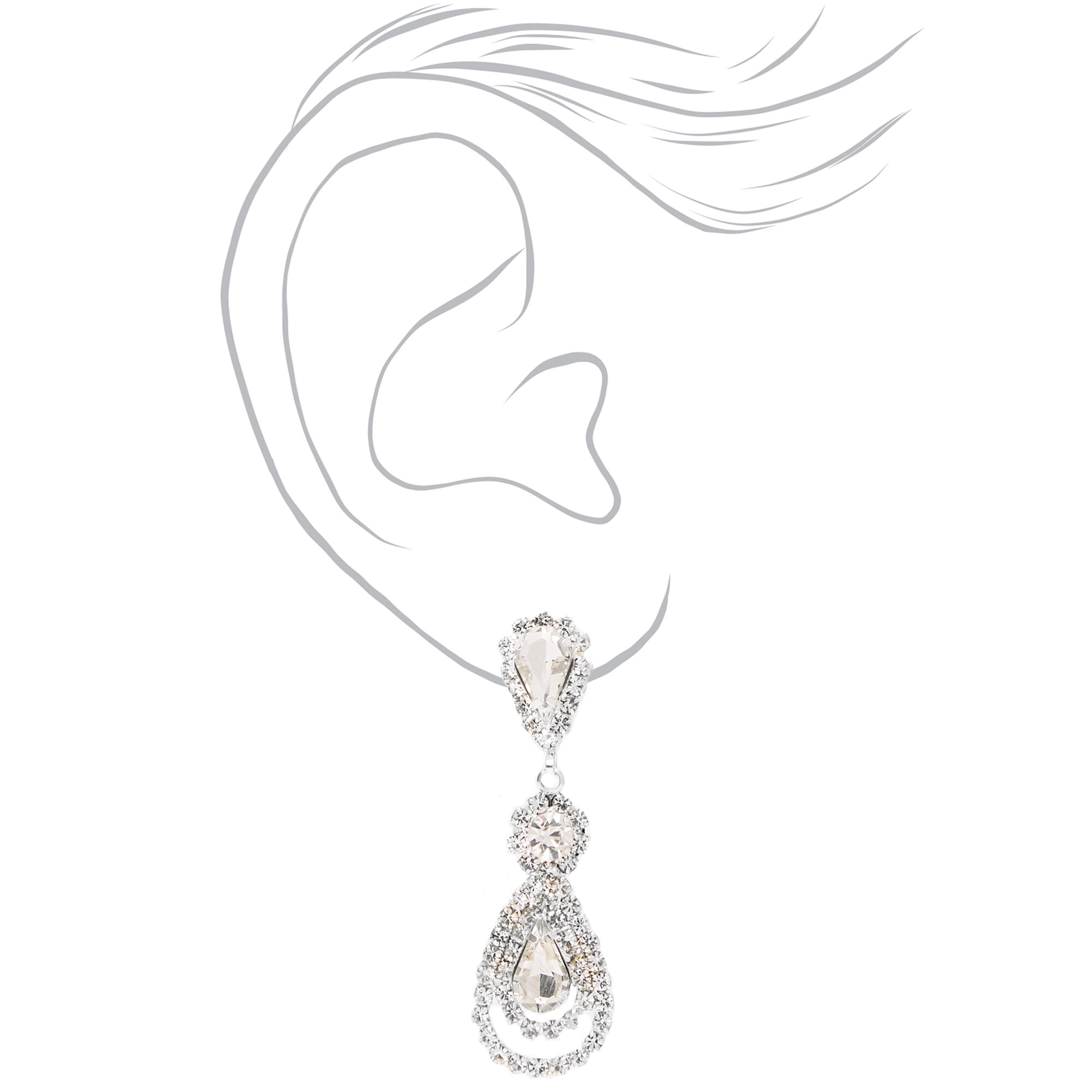 Silver 2" Teardrop Rhinestone Clip On Drop Earrings,