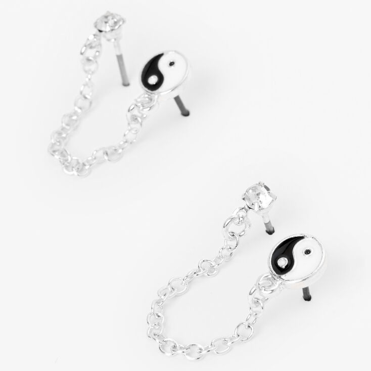 Silver-tone Yin Yang &amp; Faux Crystal Stud Connector Chain Earrings,