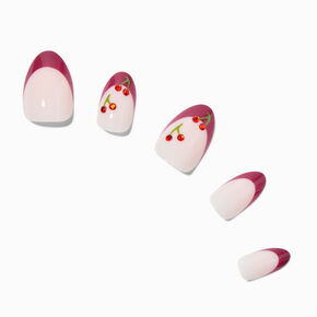 Gemstone Cherry French Tip Short Almond Vegan Faux Nail Set - 24 Pack,