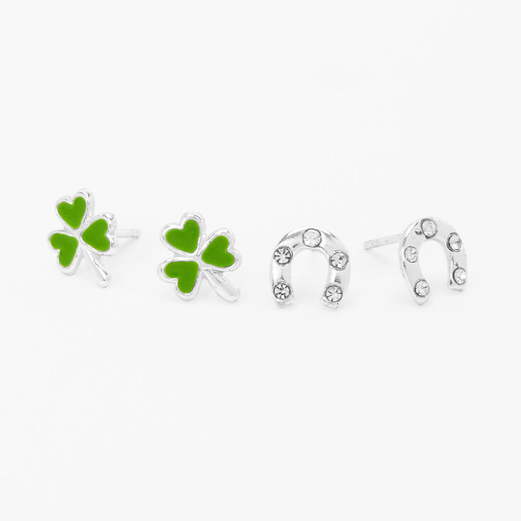 Sterling Silver Shamrock &amp; Horseshoe Stud Earrings - 2 Pack,