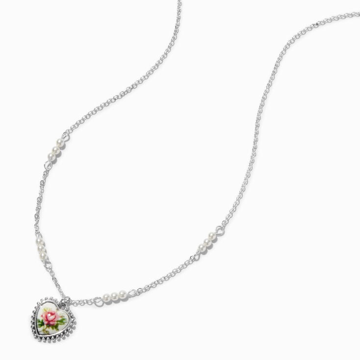 Silver-tone Antiqued Painted Heart Pendant Necklace,