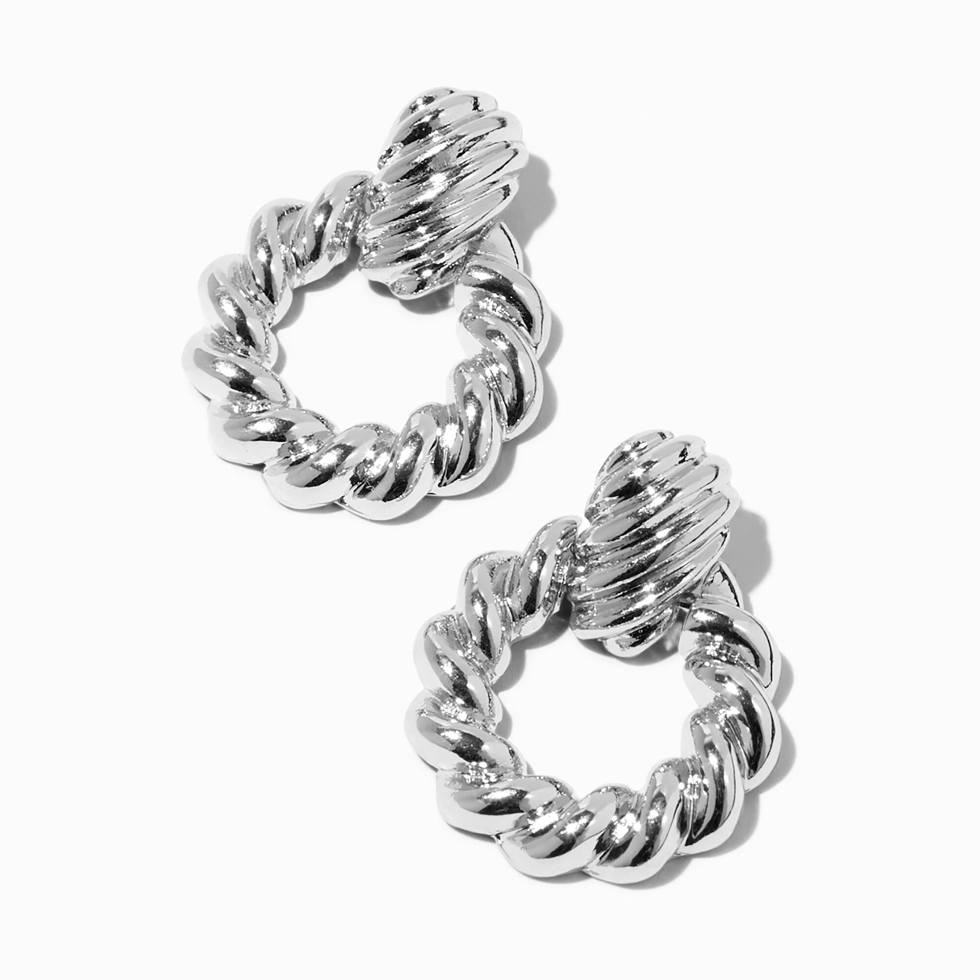 View Claires Tone Twisted Door Knocker Drop Earrings Silver information