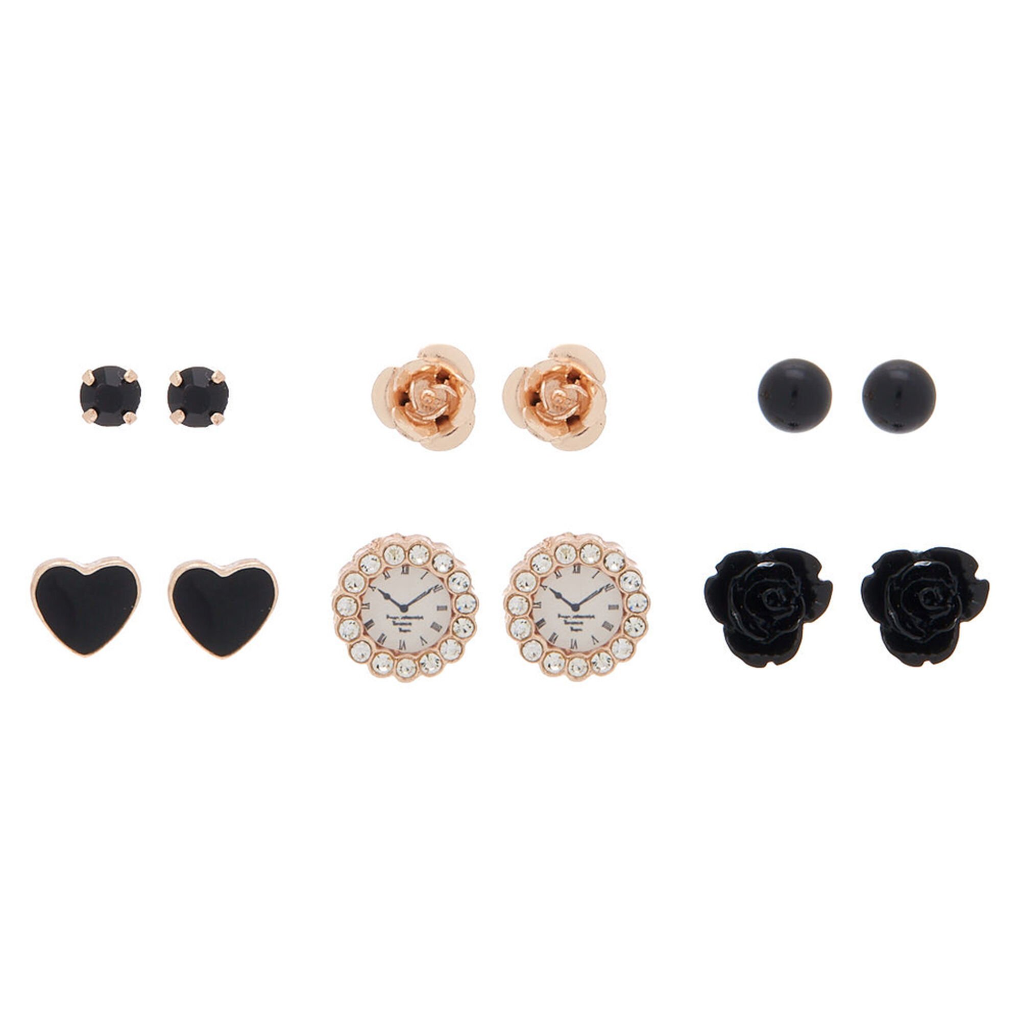 View Claires Rose Mixed Stud Earrings Black 6 Pack Gold information
