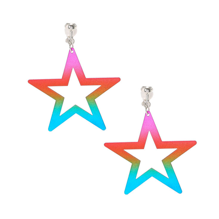 Clip On Rainbow Star Drop Earrings,