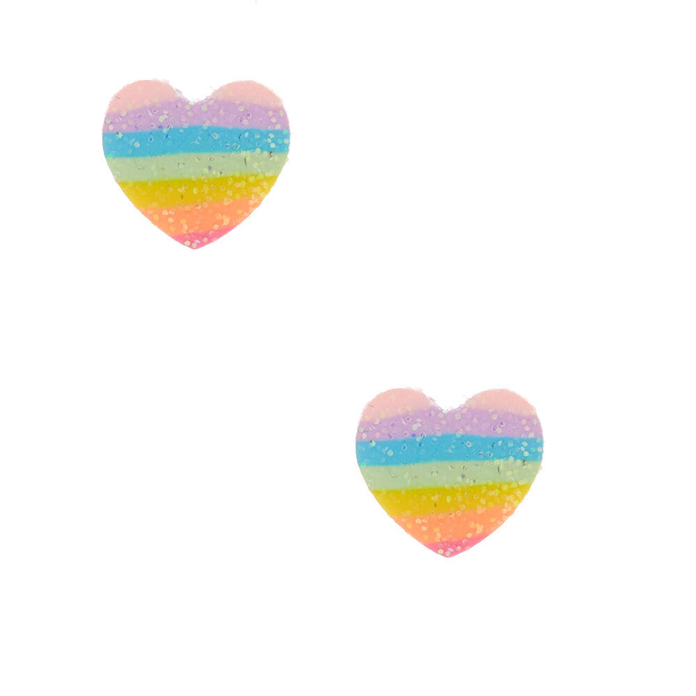 Silver Glitter Rainbow Heart Stud Earrings