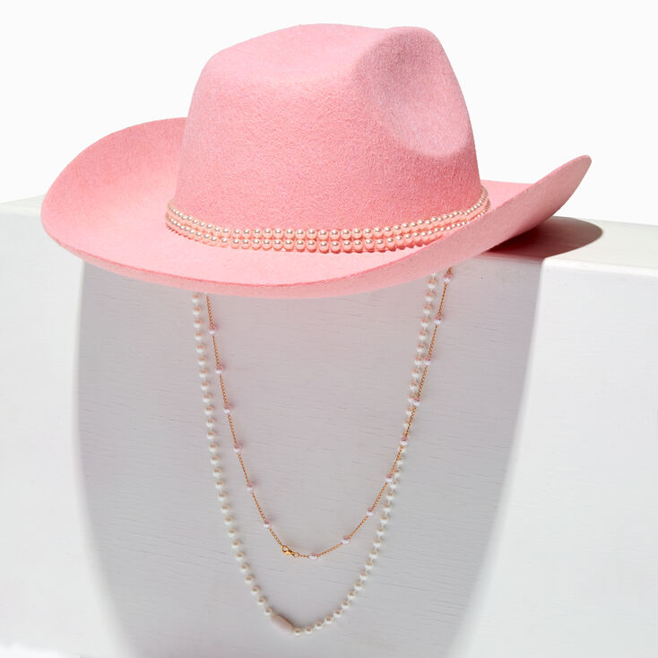 Chapeau de cowboy rose tendre et perles d&#39;imitation,