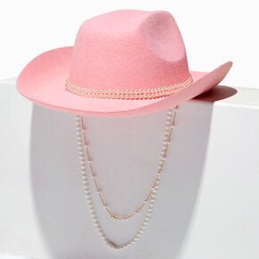 Chapeau de cowboy rose tendre et perles d&#39;imitation,