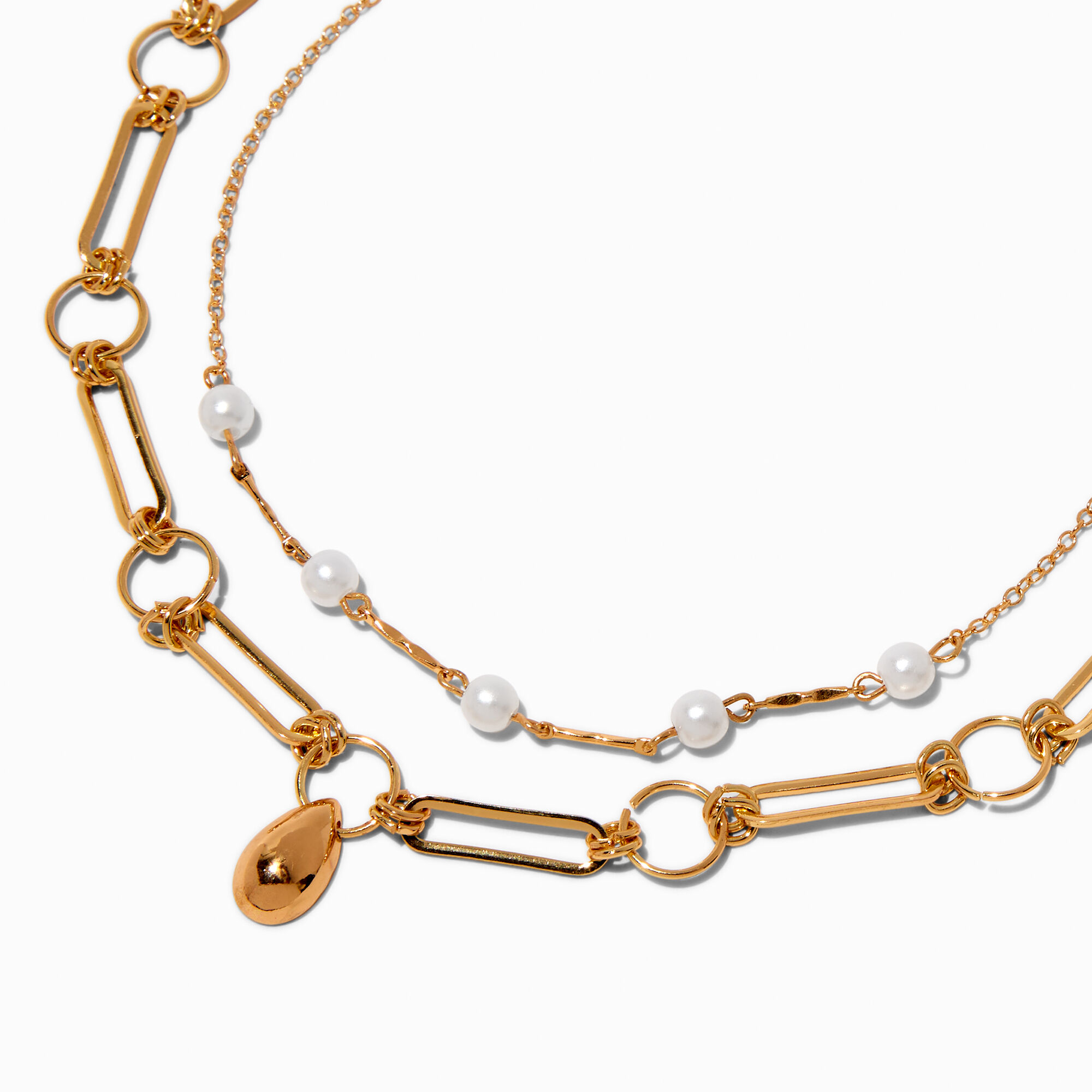 Gold-tone Teardrop Paper Clip & Pearl Chain Multi-Strand Necklace,