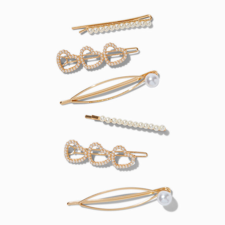 Claire&#39;s Club Gold-tone Heart &amp; Pearl Hair Pins - 6 Pack,