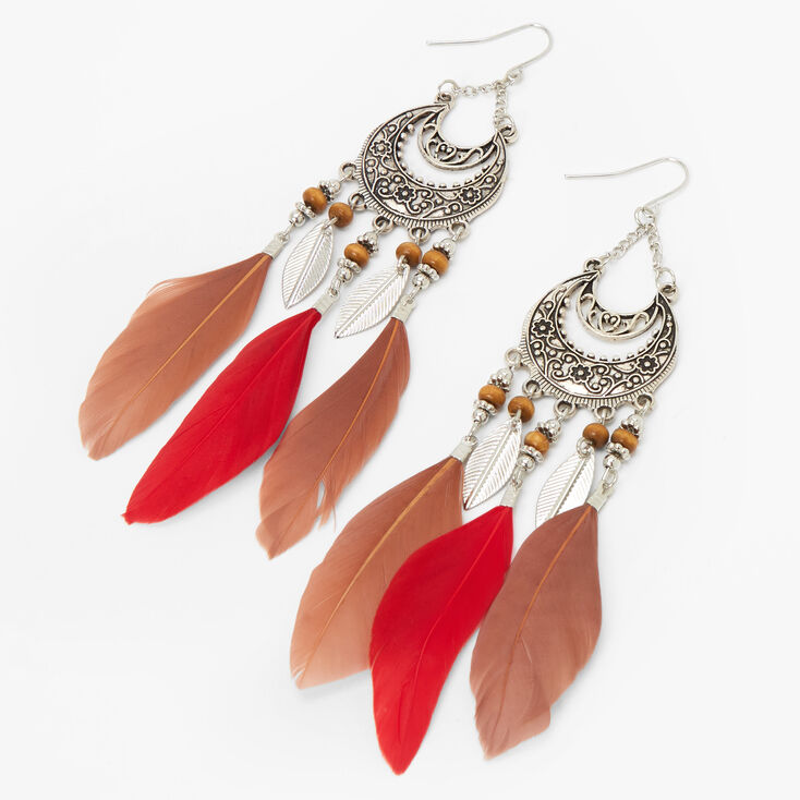 Silver 5&quot; Burnished Medallion Feather Drop Earrings - Red and Brown,