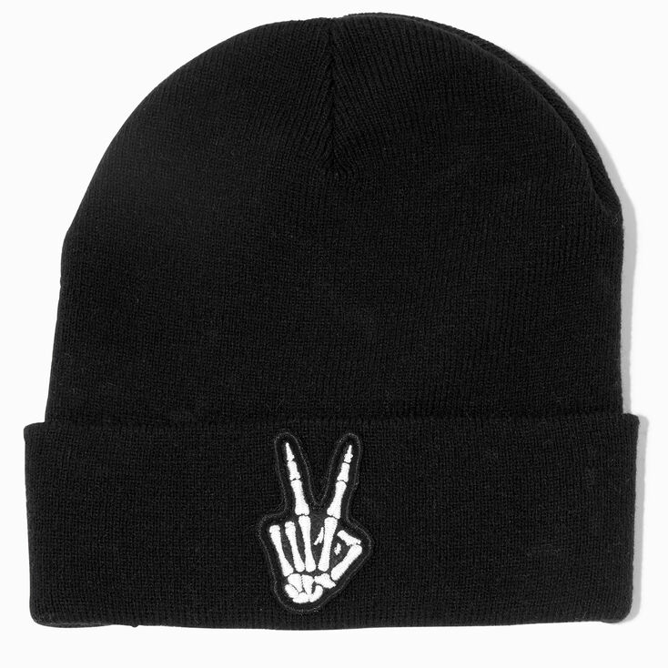 Skeleton Peace Sign Black Beanie Hat,