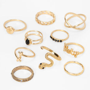 Gold-tone Embellished Snake &amp; Geometric Rings Set - 10 Pack,