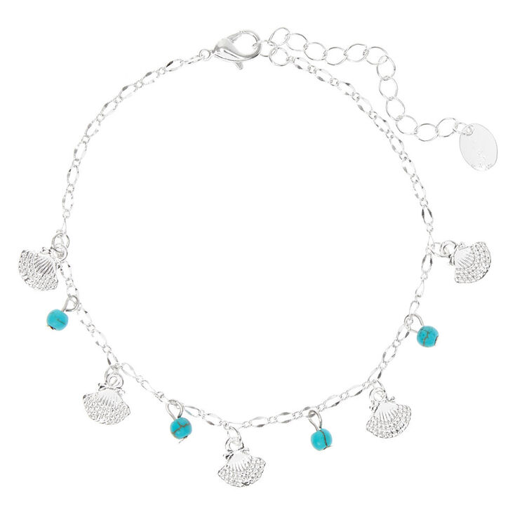 Silver-tone Beaded Seashell Chain Anklet - Turquoise,
