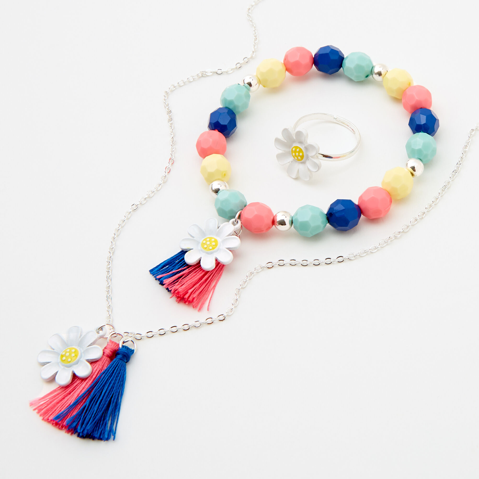 Claire's Club Coral & Navy Daisy Tassel Jewelry Set - 3 Pack,