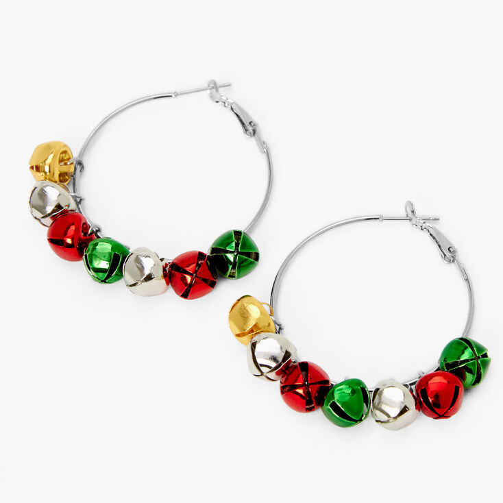 Christmas Silver 50MM Bell Hoop Earrings,