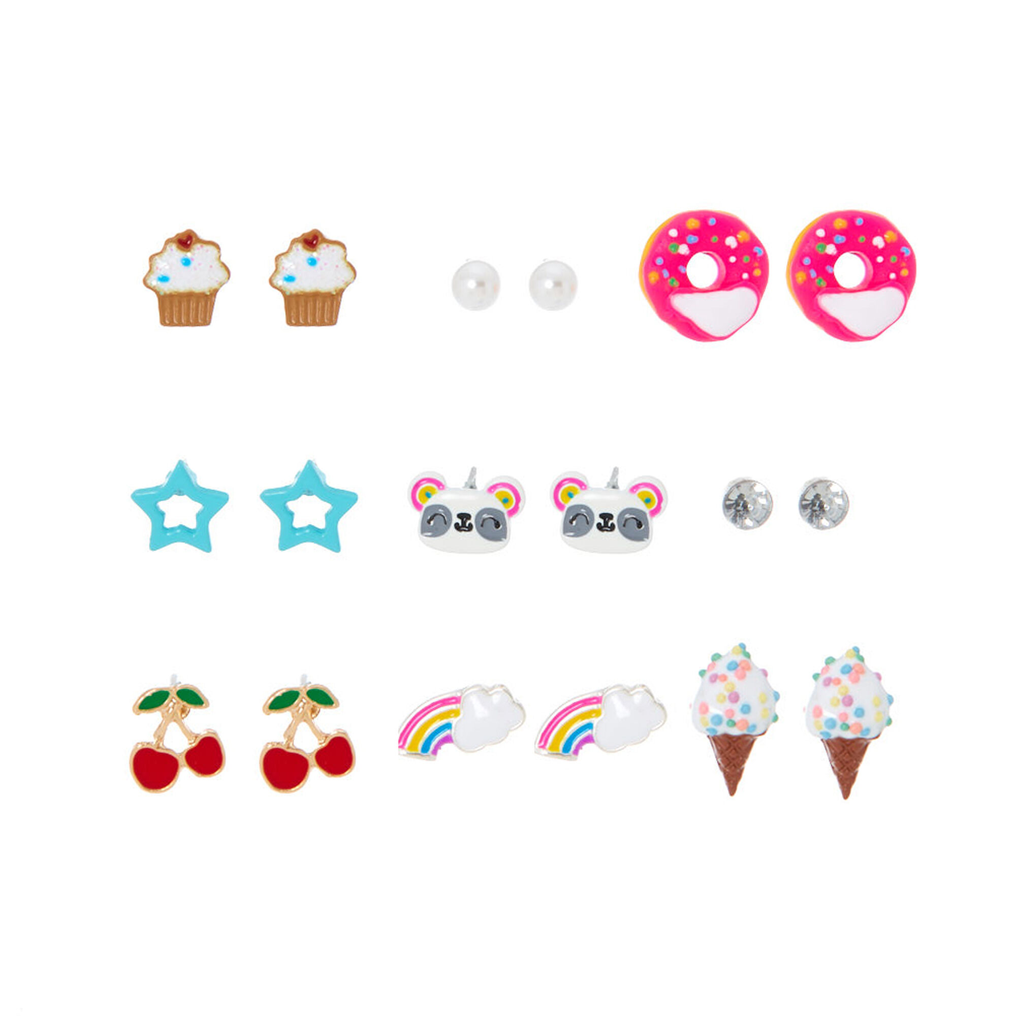 View Claires Rainbow Sweets Panda Stud Earring Set 9 Pack Silver information