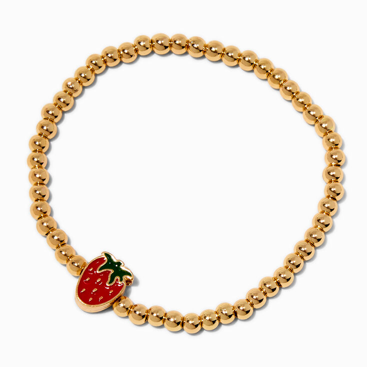 Strawberry Charm Gold-tone Shot Bead Stretch Bracelet,