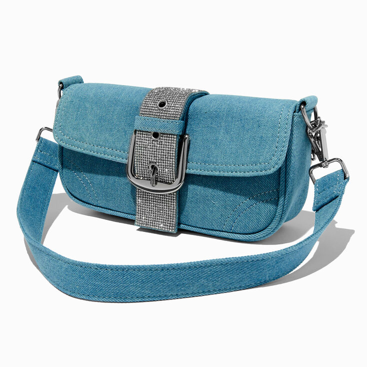 Denim &amp; Rhinestone Dual-Strap Crossbody Bag,