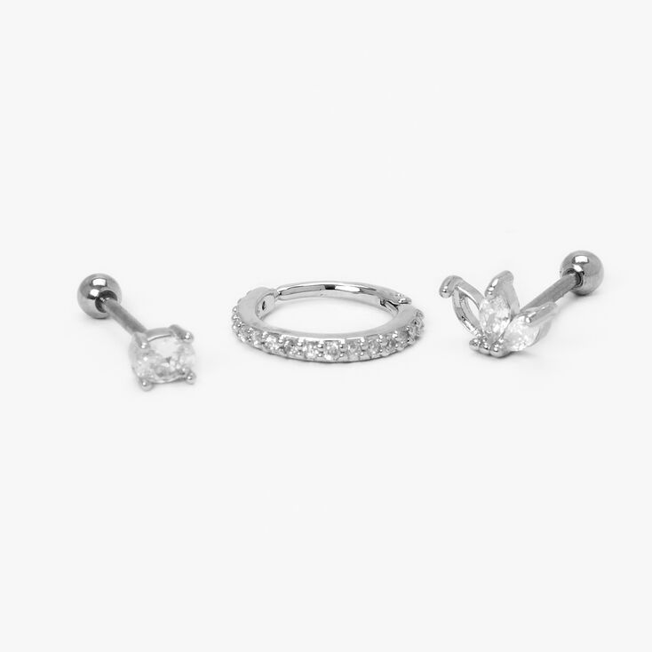 Piercings de cartilage 1,0&nbsp;mm designs vari&eacute;s en zircon cubique couleur argent&eacute;e - Lot de 3,