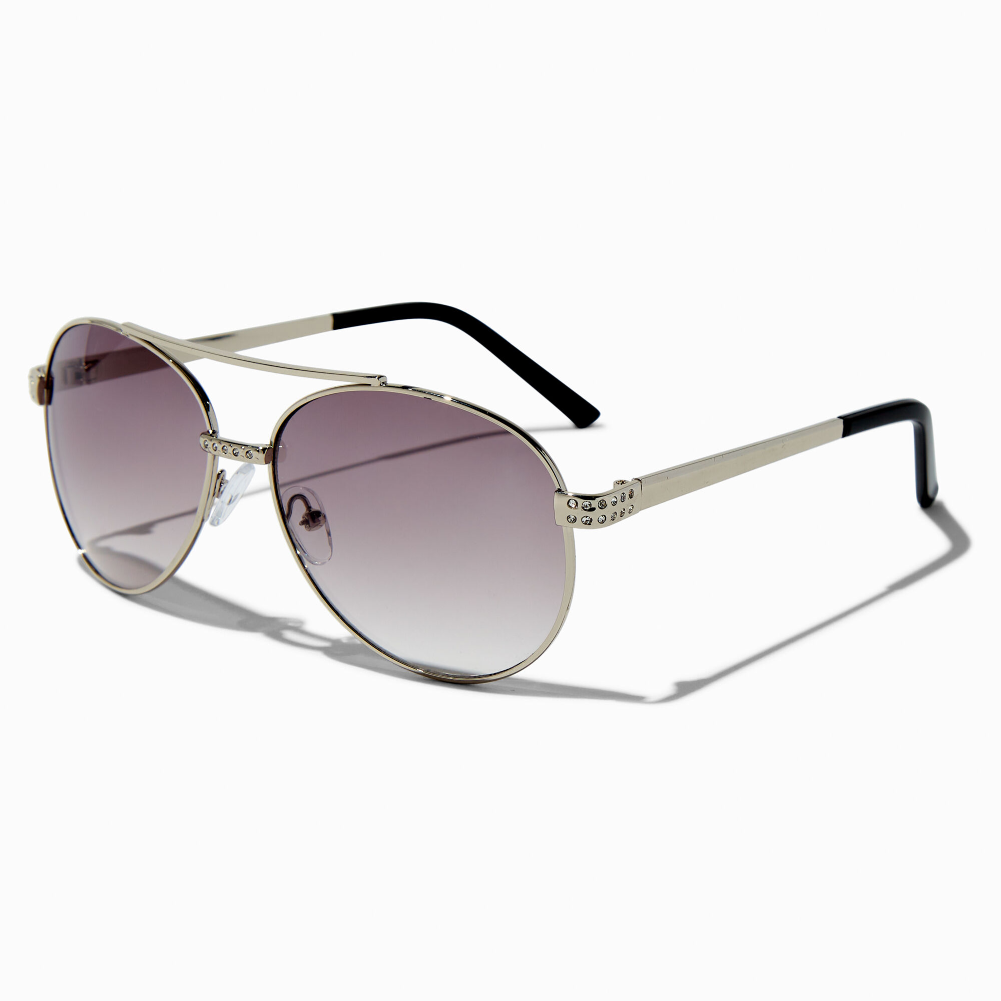Crystal Accent Silver Black Aviator Sunglasses