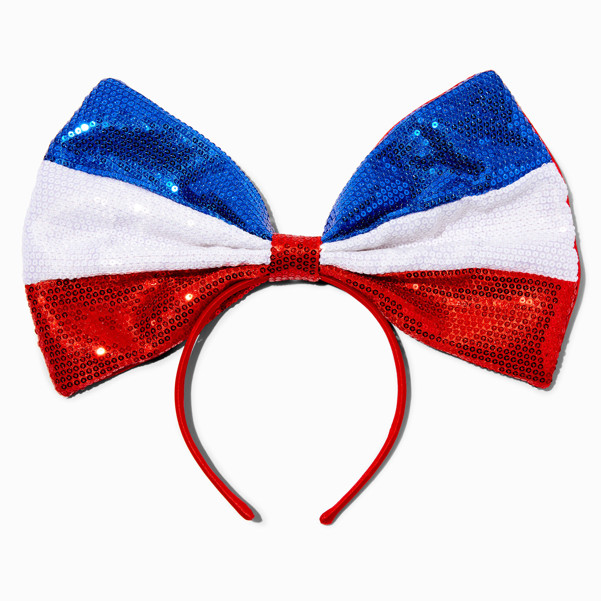 View Claires Blue White Striped Sequin Bow Headband Red information