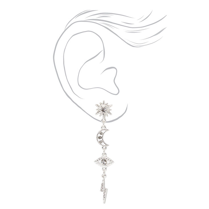 Silver 2.5&quot; Celestial Evil Eye Linear Drop Earrings,
